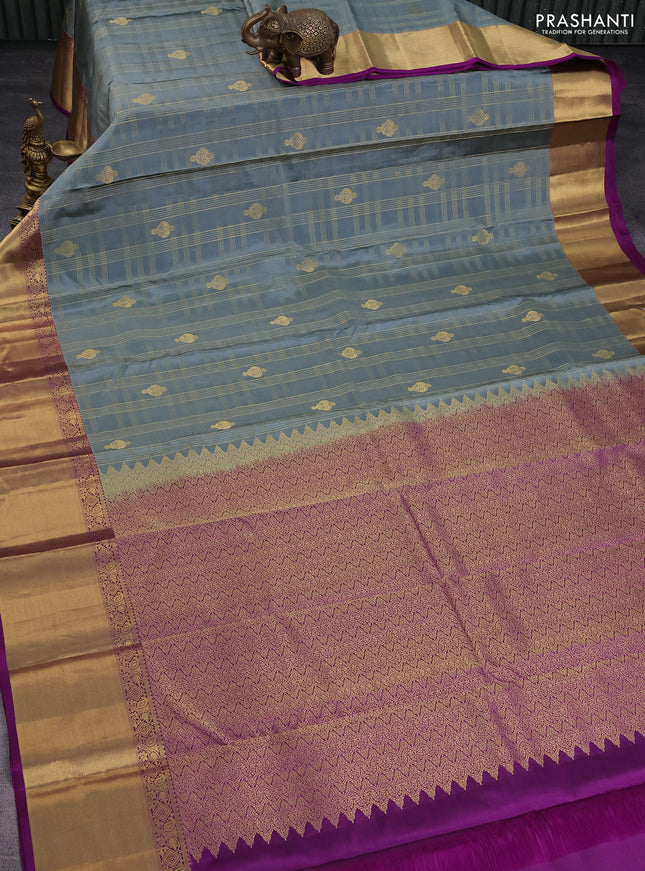 Pure kanchipuram silk saree grey and purple with allover zari checks & buttas and rich zari woven border
