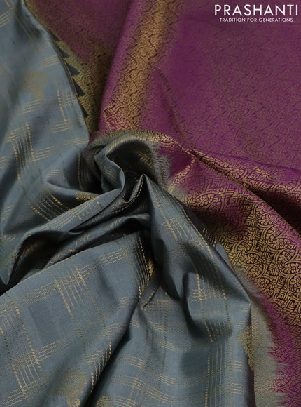Pure kanchipuram silk saree grey and purple with allover zari checks & buttas and rich zari woven border