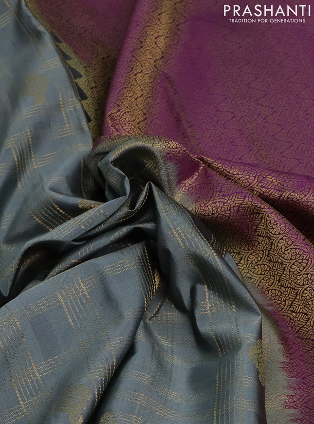 Pure kanchipuram silk saree grey and purple with allover zari checks & buttas and rich zari woven border