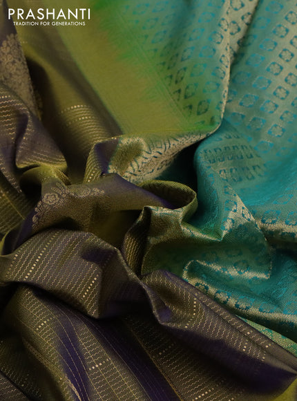 Pure kanchipuram silk saree dual shade of sap green and teal blue with allover zari checks & buttas and rich zari woven korvai border