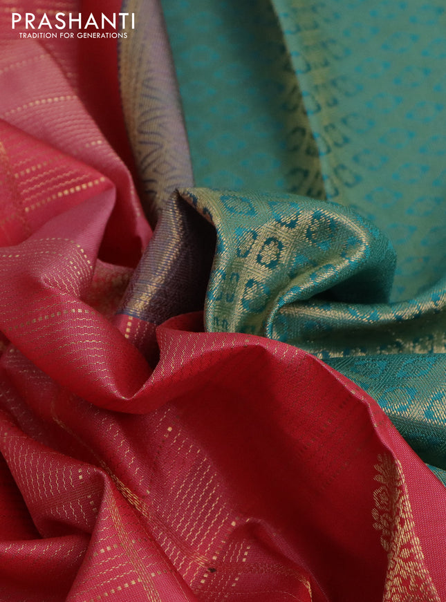 Pure kanchipuram silk saree peach pink and teal blue with allover zari checks & buttas and rich zari woven korvai border