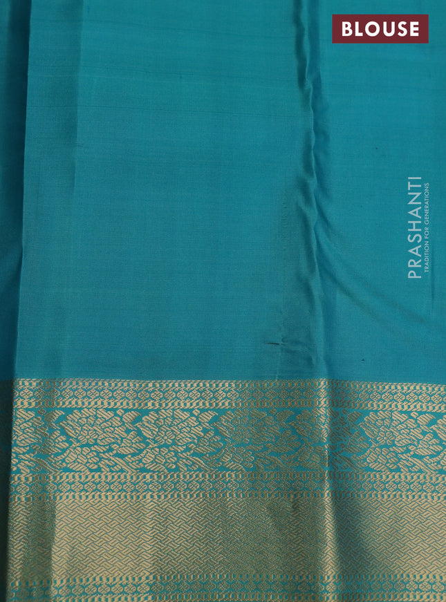Pure kanchipuram silk saree peach pink and teal blue with allover zari checks & buttas and rich zari woven korvai border