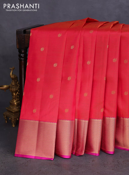 Pure kanchipuram silk saree dual shade of pink and purple with allover zari weaves & buttas and rich zari woven border