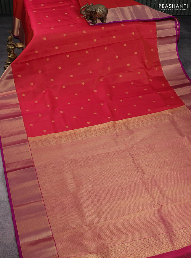 Pure kanchipuram silk saree dual shade of pink and purple with allover zari weaves & buttas and rich zari woven border