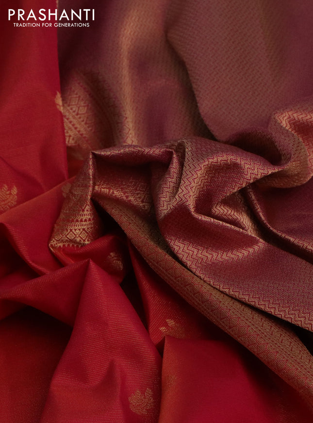 Pure kanchipuram silk saree dual shade of pink and purple with allover zari weaves & buttas and rich zari woven border