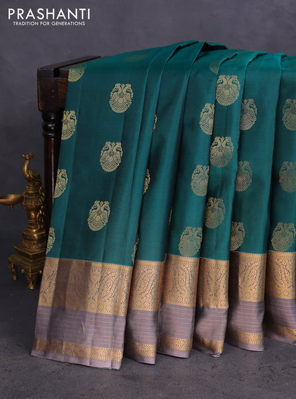 Pure kanchipuram silk saree green and grey with zari woven buttas and rich zari woven border