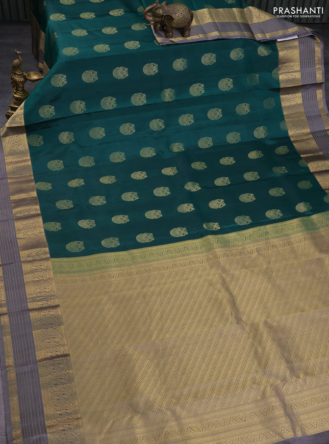Pure kanchipuram silk saree green and grey with zari woven buttas and rich zari woven border