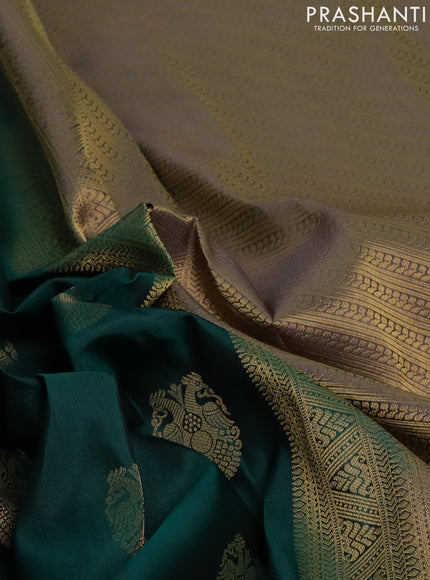 Pure kanchipuram silk saree green and grey with zari woven buttas and rich zari woven border