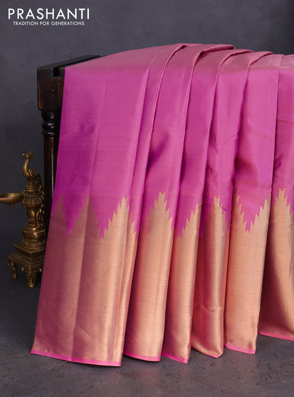 Pure kanchipuram silk saree mauve pink and violet with plain body and long temple design zari woven border