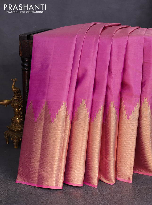 Pure kanchipuram silk saree mauve pink and violet with plain body and long temple design zari woven border