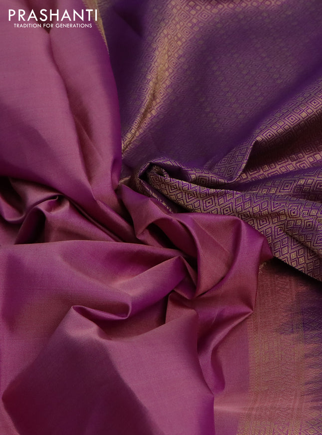 Pure kanchipuram silk saree mauve pink and violet with plain body and long temple design zari woven border