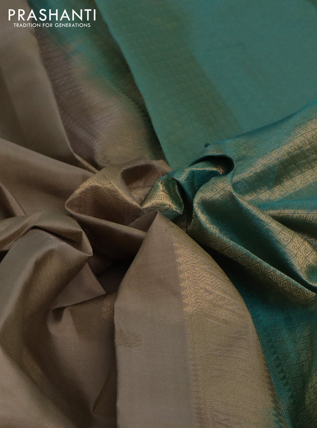 Pure kanchipuram silk saree beige and teal green shade with zari woven buttas and long rettapet zari woven border