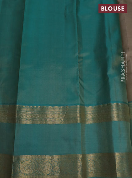 Pure kanchipuram silk saree beige and teal green shade with zari woven buttas and long rettapet zari woven border