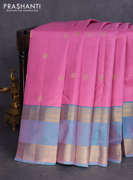 Pure kanchipuram silk saree mauve pink and teal blue shade with zari woven buttas and long rettapet zari woven border