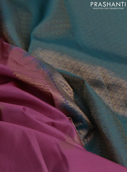 Pure kanchipuram silk saree mauve pink and teal blue shade with zari woven buttas and long rettapet zari woven border