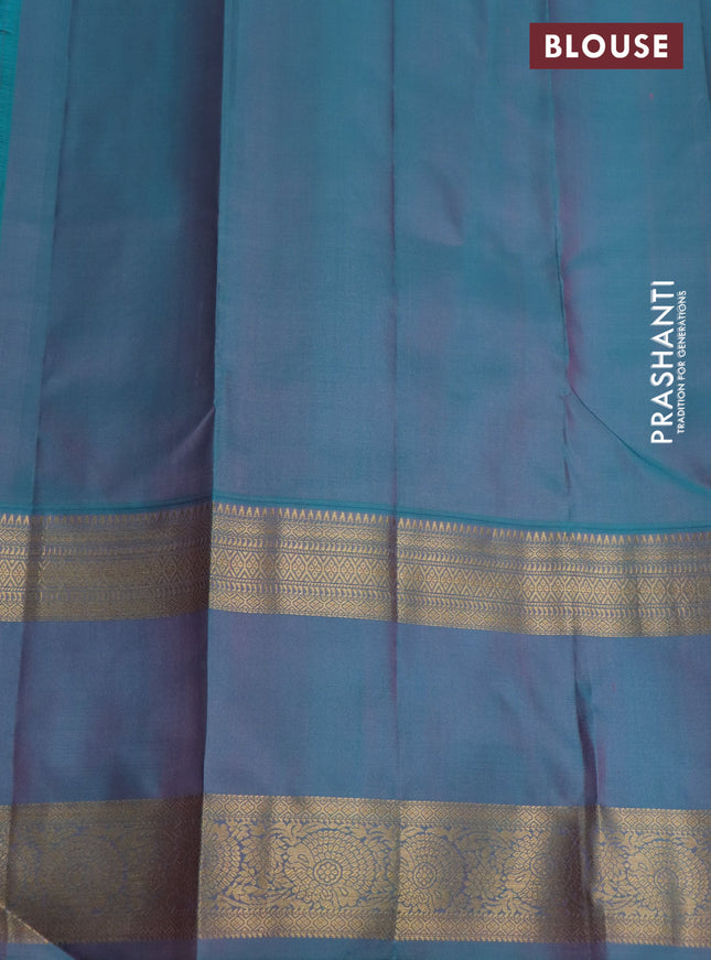 Pure kanchipuram silk saree mauve pink and teal blue shade with zari woven buttas and long rettapet zari woven border