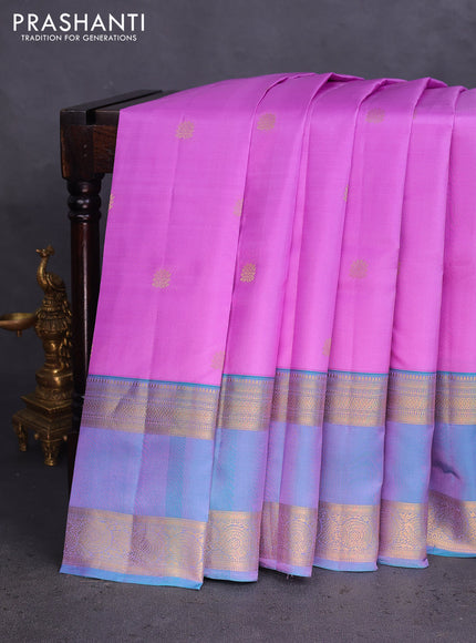 Pure kanchipuram silk saree lavender and dual shade of teal blue with zari woven buttas and long rettapet zari woven border