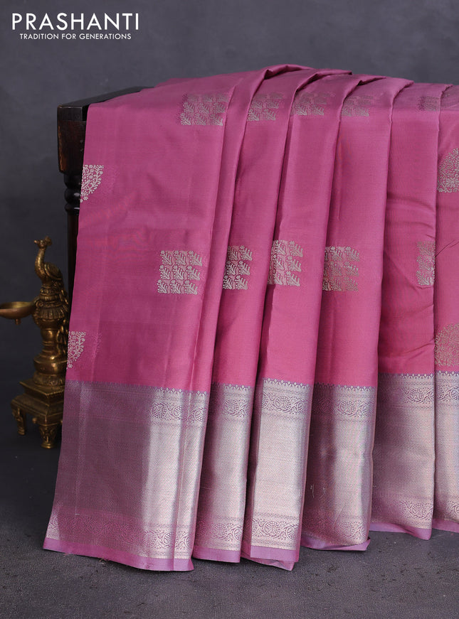Pure kanchipuram silk saree mauve pink and pastel purple with self emboss & silver zari woven buttas and long silver zari woven border