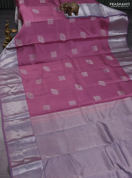 Pure kanchipuram silk saree mauve pink and pastel purple with self emboss & silver zari woven buttas and long silver zari woven border