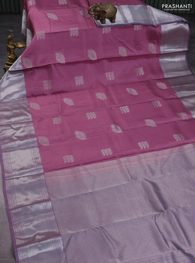 Pure kanchipuram silk saree mauve pink and pastel purple with self emboss & silver zari woven buttas and long silver zari woven border