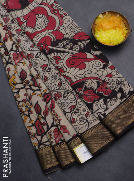Kalamkari semi silk saree beige and black with allover kalamkari prints and zari woven border