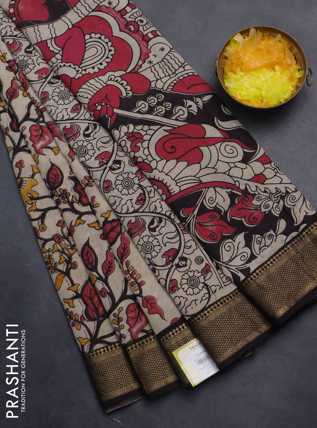 Kalamkari semi silk saree beige and black with allover kalamkari prints and zari woven border