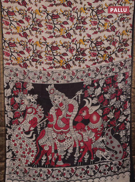 Kalamkari semi silk saree beige and black with allover kalamkari prints and zari woven border