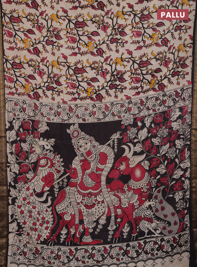Kalamkari semi silk saree beige and black with allover kalamkari prints and zari woven border