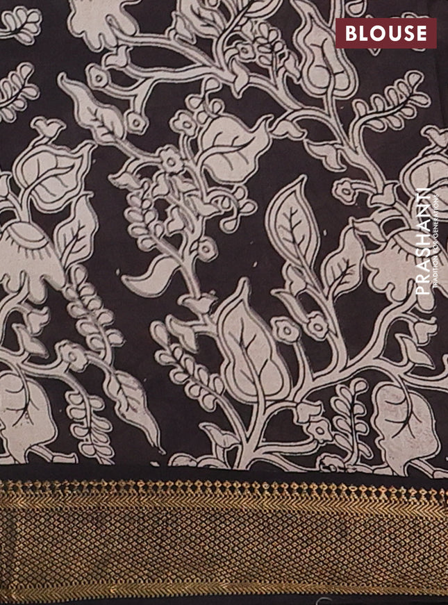 Kalamkari semi silk saree beige and black with allover kalamkari prints and zari woven border