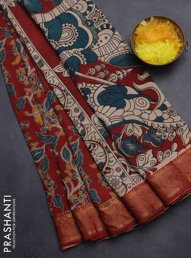 Kalamkari semi silk saree maroon with allover kalamkari prints and zari woven border