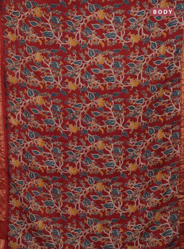 Kalamkari semi silk saree maroon with allover kalamkari prints and zari woven border