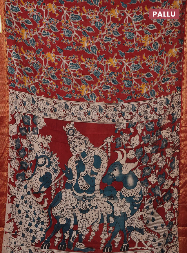 Kalamkari semi silk saree maroon with allover kalamkari prints and zari woven border