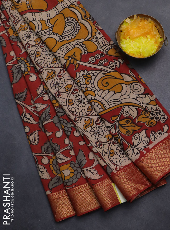 Kalamkari semi silk saree maroon with allover kalamkari prints and zari woven border