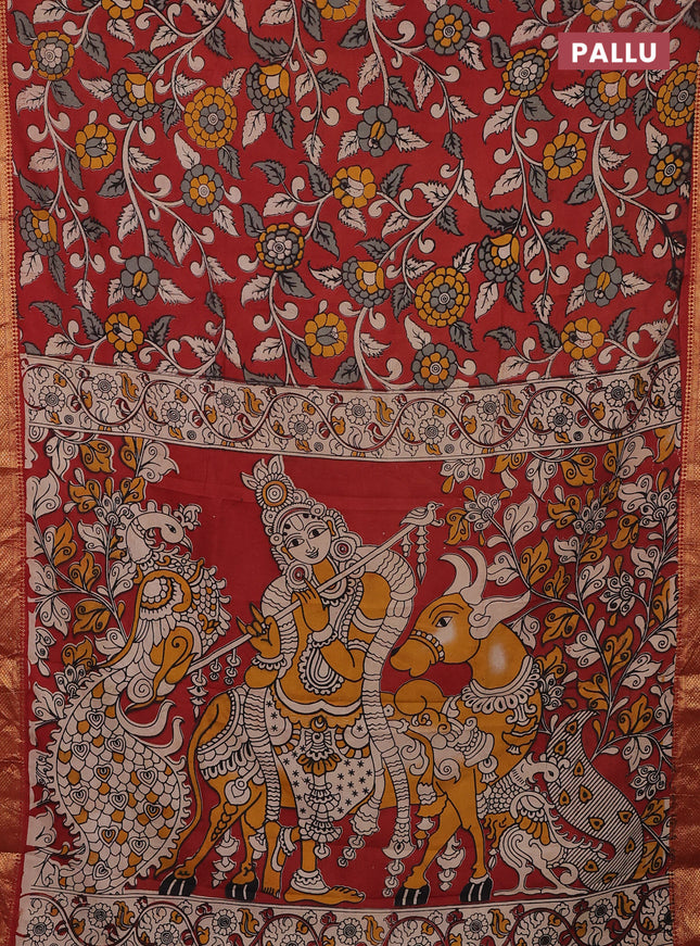 Kalamkari semi silk saree maroon with allover kalamkari prints and zari woven border