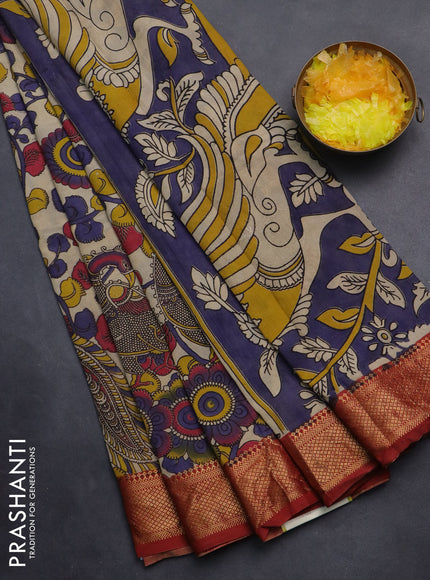 Kalamkari semi silk saree beige and rustic maroon with allover kalamkari prints and zari woven border