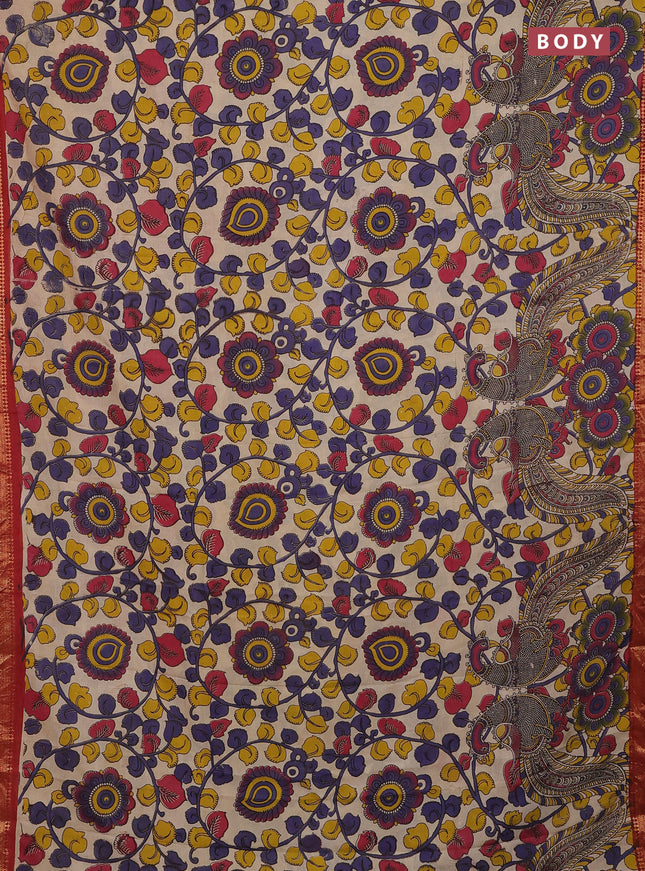 Kalamkari semi silk saree beige and rustic maroon with allover kalamkari prints and zari woven border