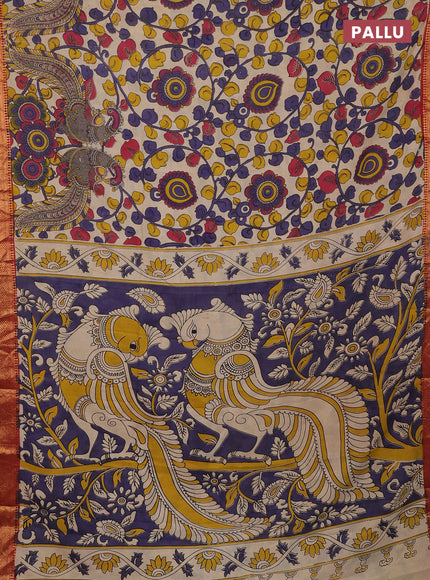 Kalamkari semi silk saree beige and rustic maroon with allover kalamkari prints and zari woven border