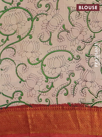 Kalamkari semi silk saree green and maroon with allover kalamkari prints and zari woven border
