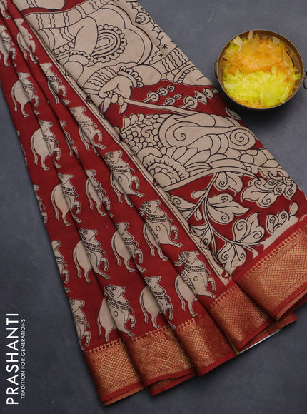 Kalamkari semi silk saree maroon with allover pichwai prints and zari woven border
