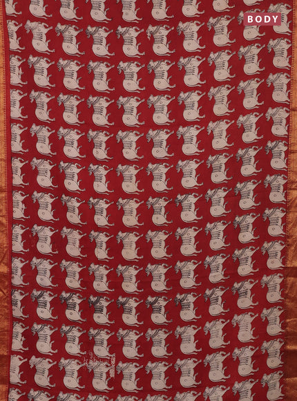 Kalamkari semi silk saree maroon with allover pichwai prints and zari woven border