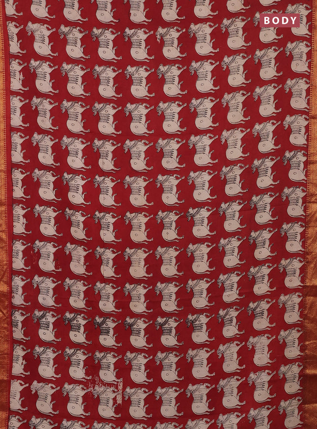 Kalamkari semi silk saree maroon with allover pichwai prints and zari woven border