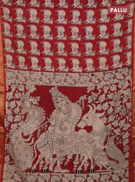 Kalamkari semi silk saree maroon with allover pichwai prints and zari woven border