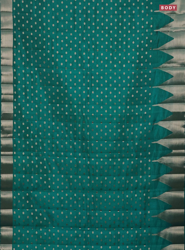 Semi raw silk saree teal blue with allover zari woven 1000 buttas and temple design zari woven border