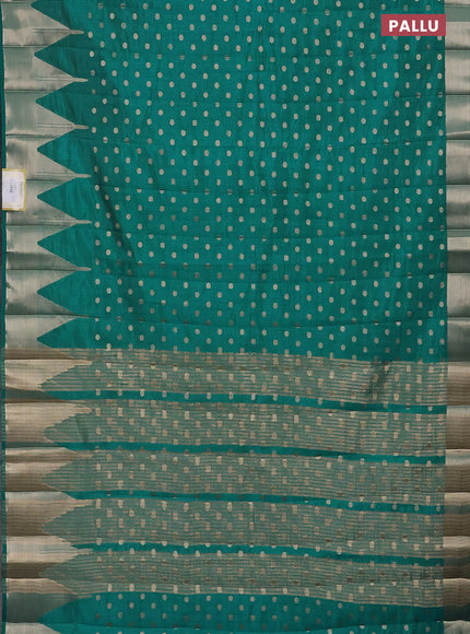 Semi raw silk saree teal blue with allover zari woven 1000 buttas and temple design zari woven border