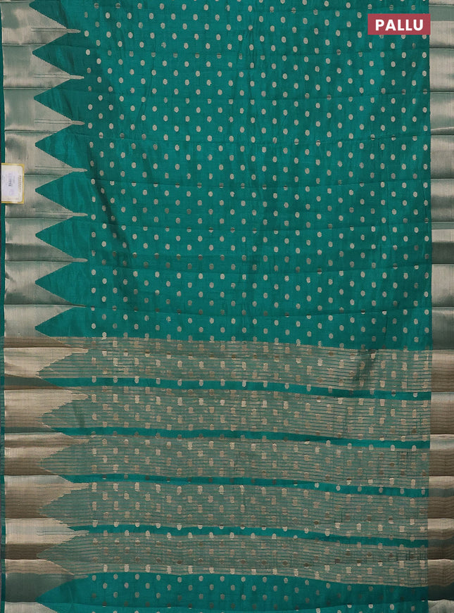 Semi raw silk saree teal blue with allover zari woven 1000 buttas and temple design zari woven border