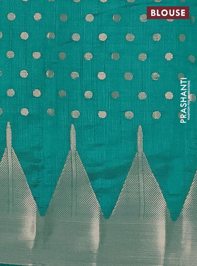 Semi raw silk saree teal blue with allover zari woven 1000 buttas and temple design zari woven border