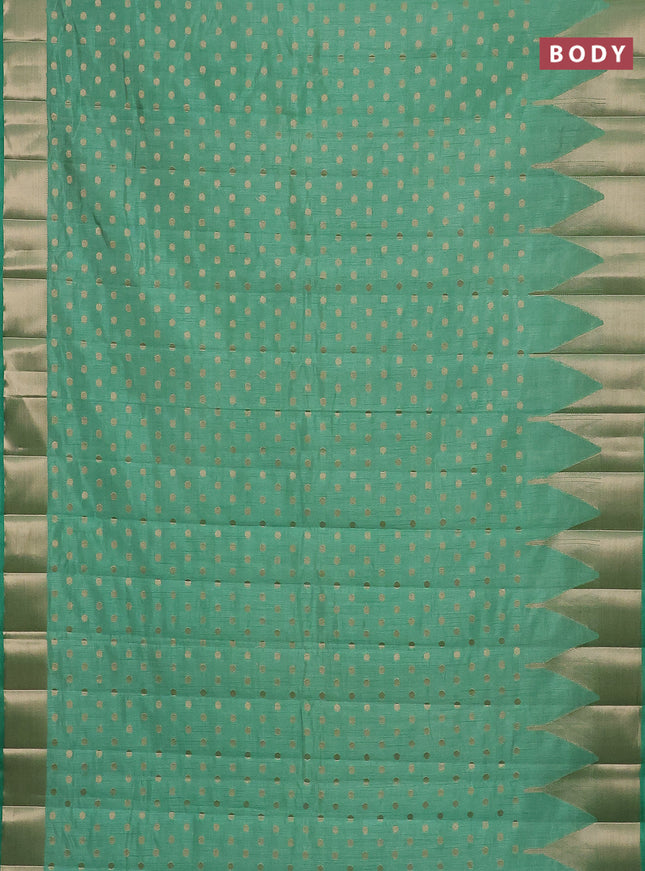 Semi raw silk saree pastel green with allover zari woven 1000 buttas and temple design zari woven border