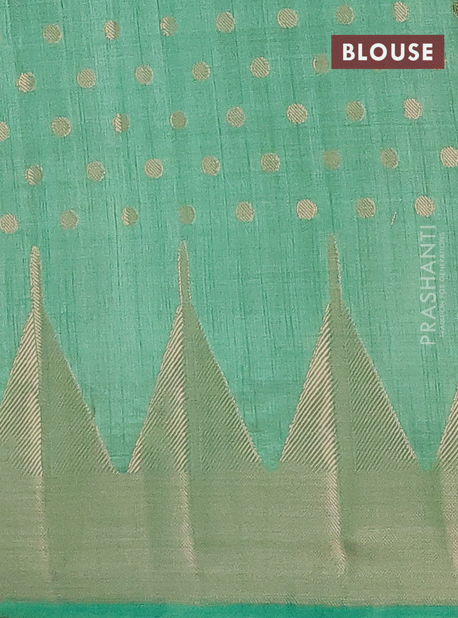 Semi raw silk saree pastel green with allover zari woven 1000 buttas and temple design zari woven border