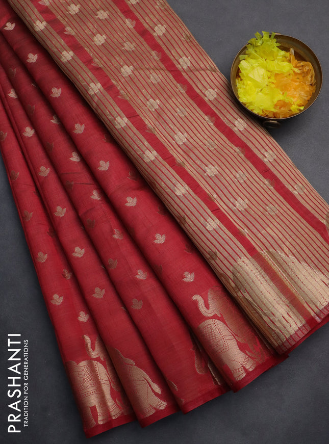 Semi raw silk saree maroon with allover zari woven 1000 buttas and elephant design zari woven border