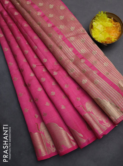 Semi raw silk saree pink with allover zari woven 1000 buttas and elephant design zari woven border